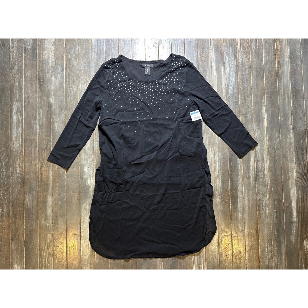 Alfani Womens Black Rhinestone Embellished Mesh Sleeve Tunic Top Size S New